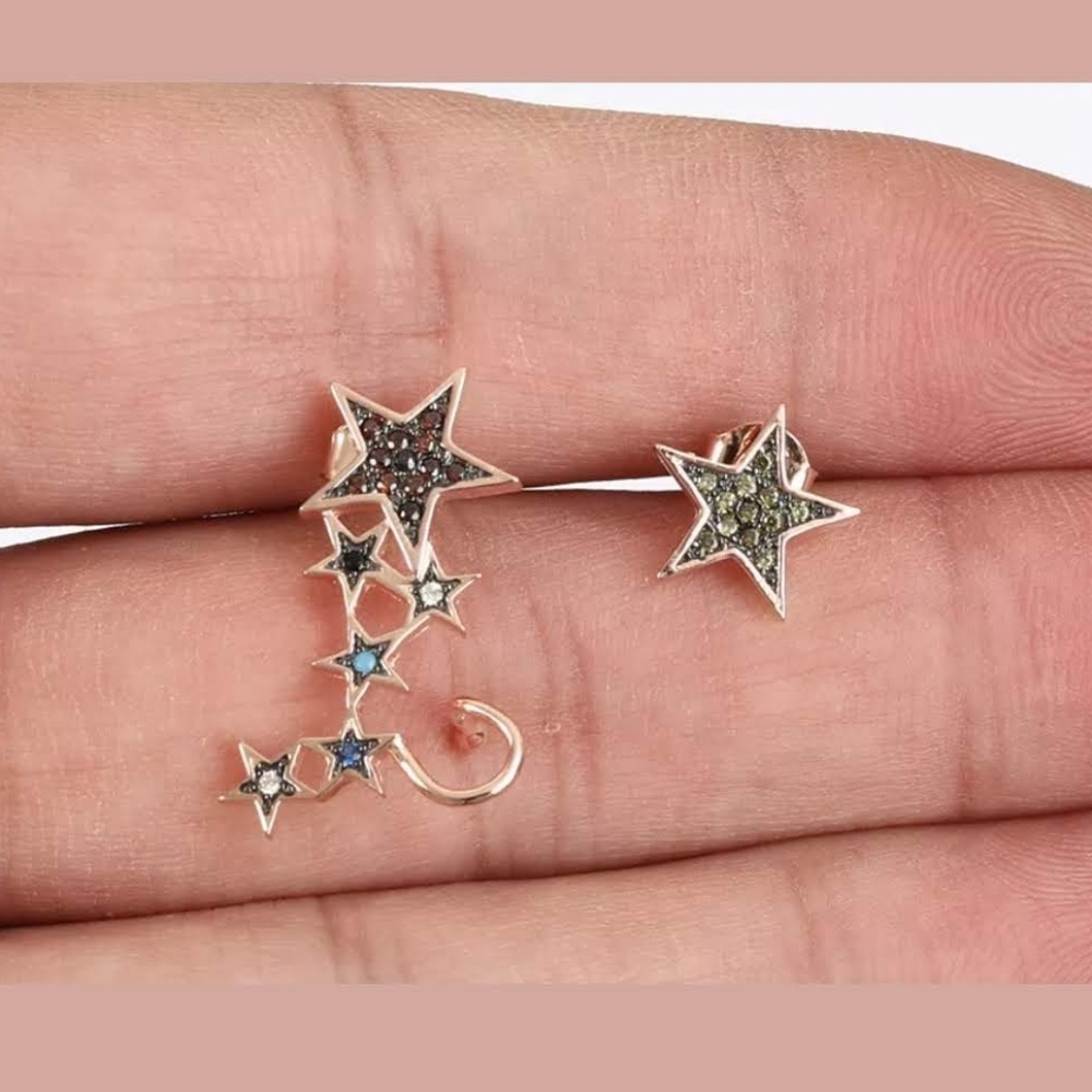 Gold Star ear cuff & stud multi colored gems Sterling & Gold - Picture 3 of 11
